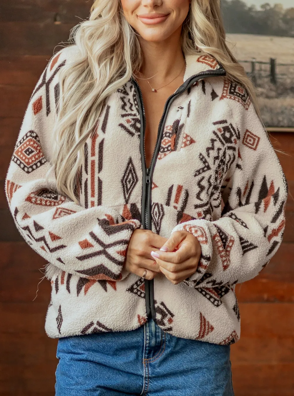 Women's Geometric Print Long Sleeve Shirt Collar Zip Up Placket Binding Tape Jacket