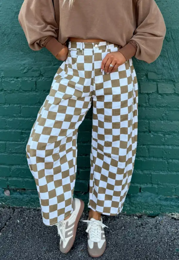Checkered Print Denim Barrel Trousers