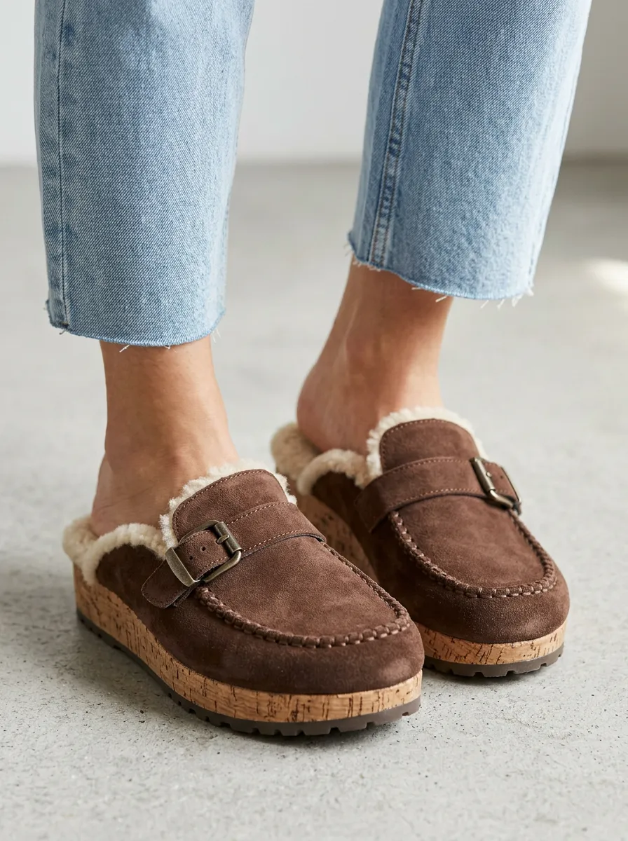 Women's Outdoor Faux Fur Lined Buckle Detail Suede Wood Sole Loafers