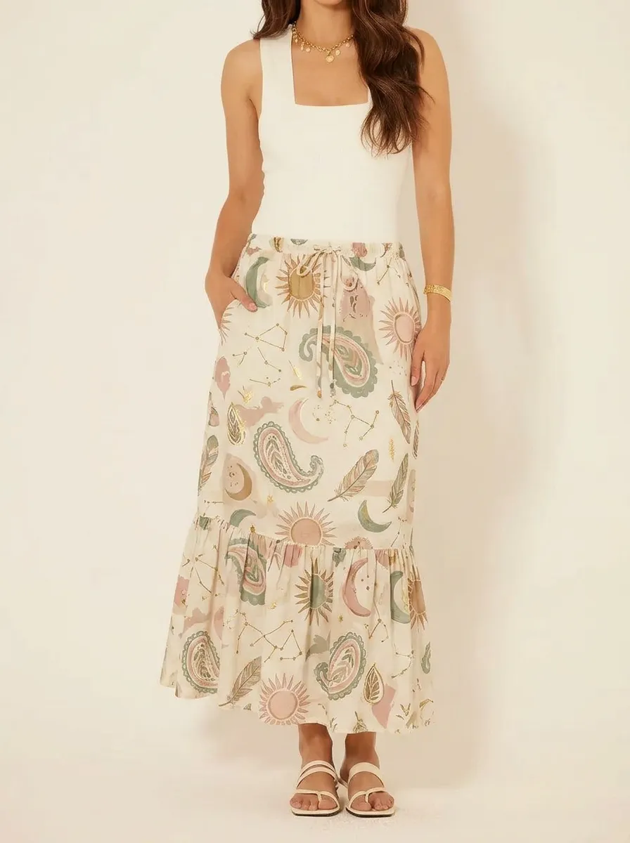 Women's Boho Celestial Sun Moon Paisley Printed Midi Skirt