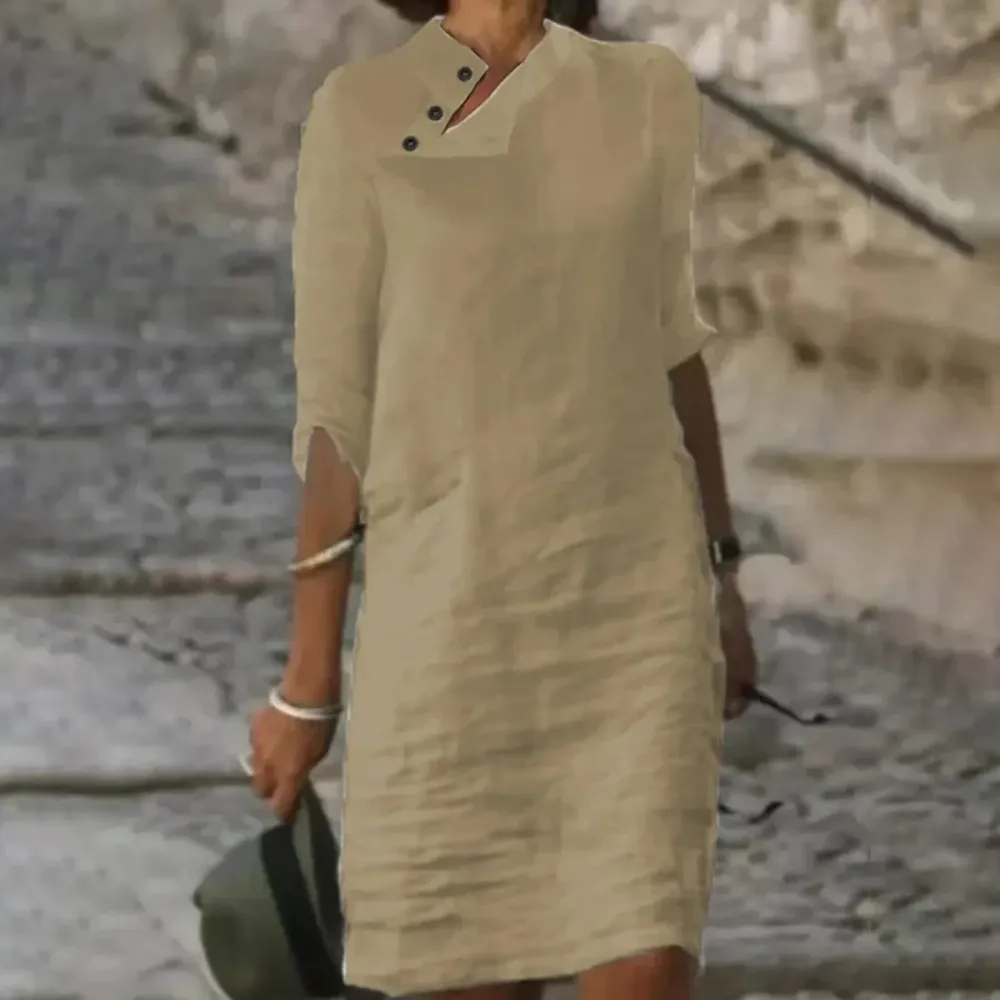 Linen Blend Cotton Blend Midi Dress
