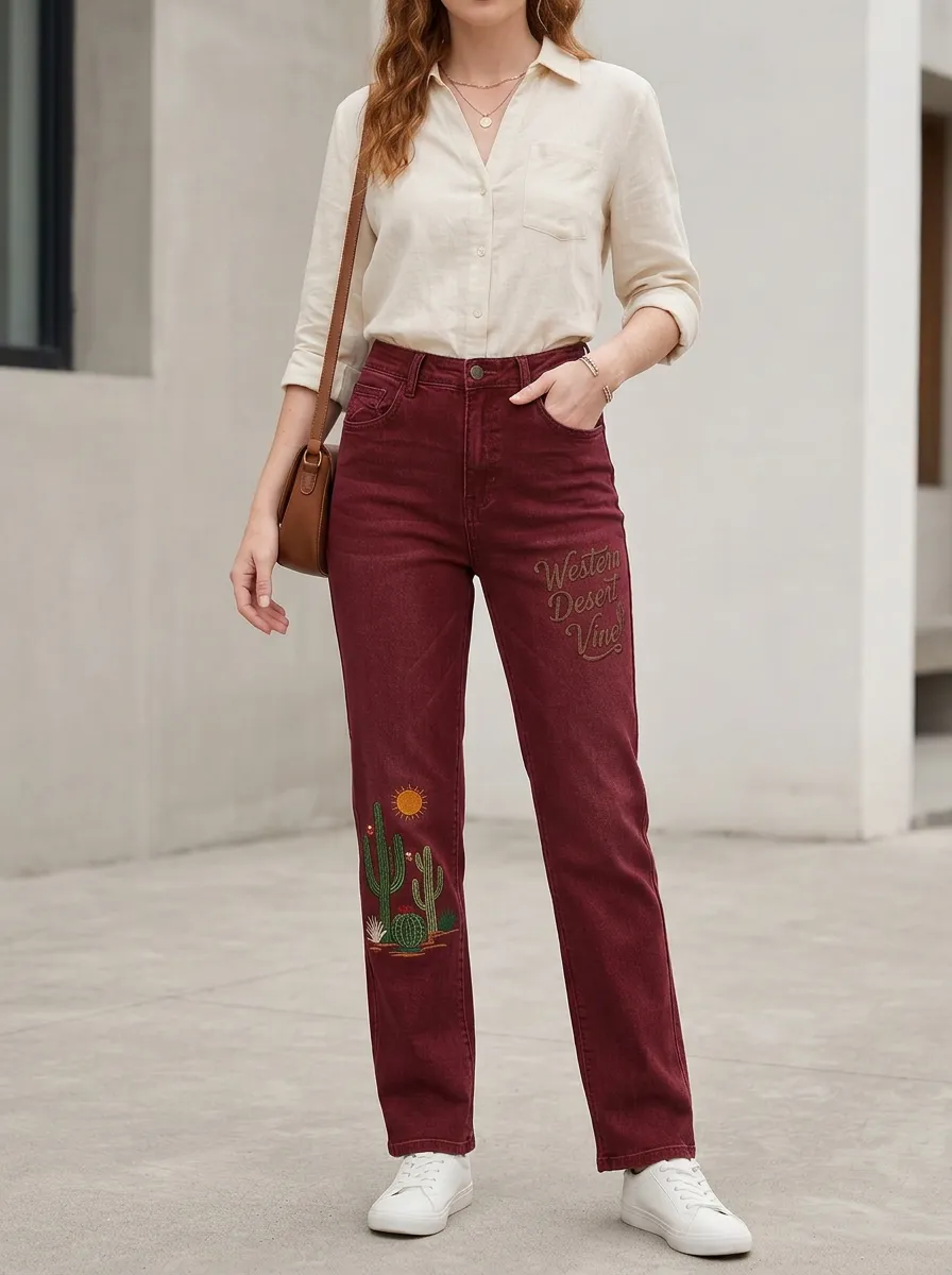 Women's Western Desert Cactus Printed Straight Leg Jeans