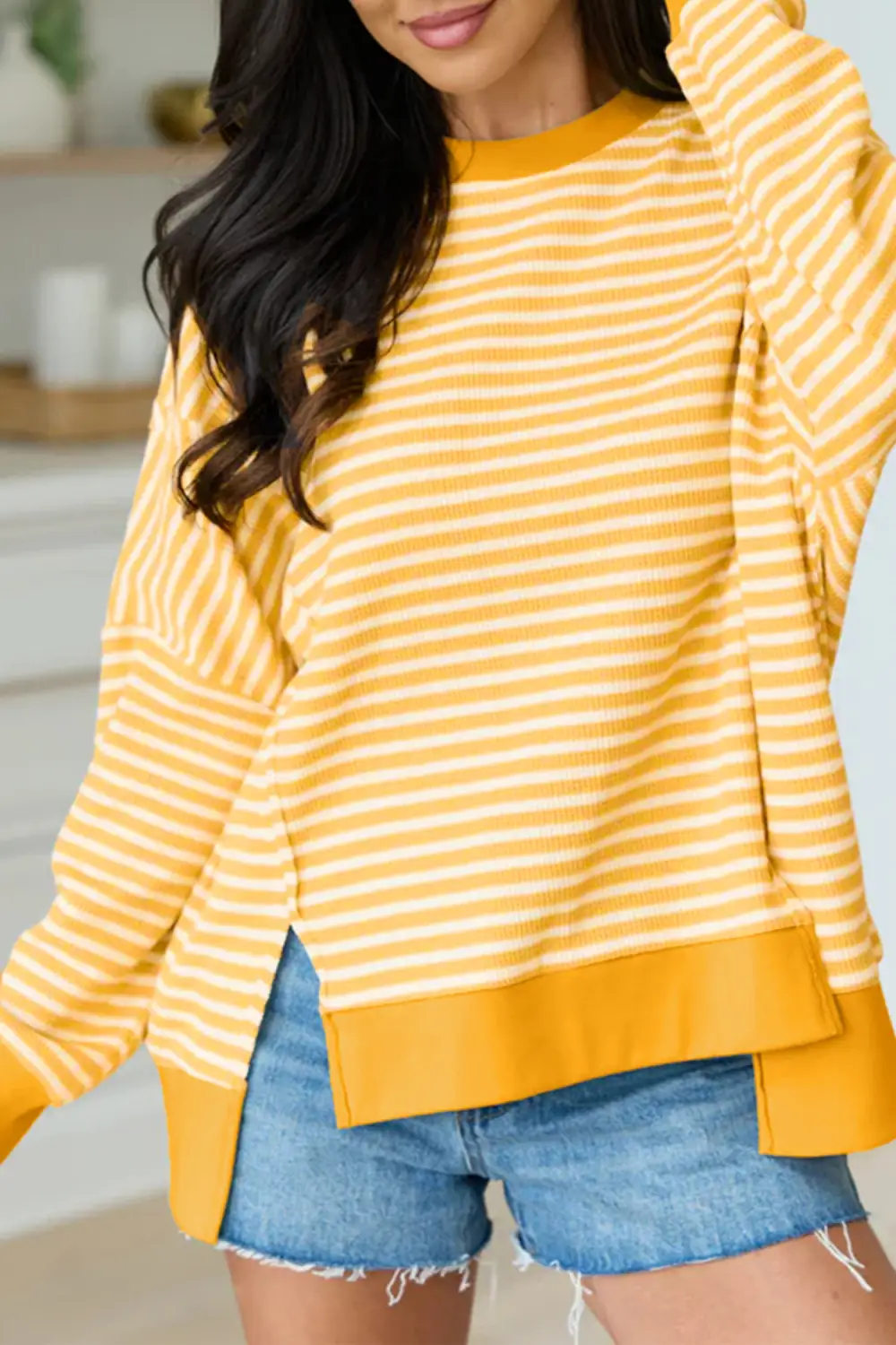 Striped Waffle Knit Stretch Fabric Long Sleeve Top