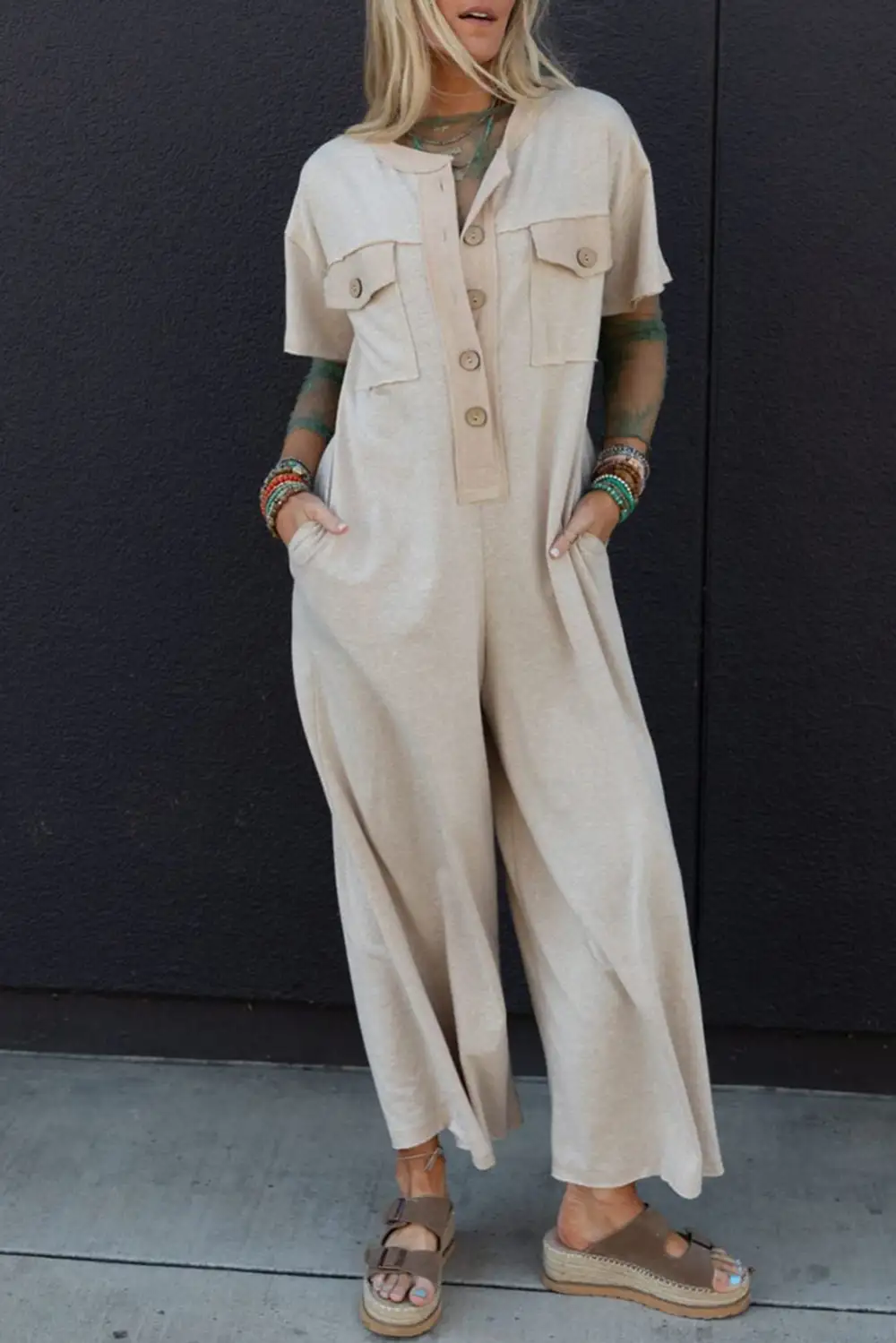 Half Placket Chest Pockets Short Sleeve Shorts