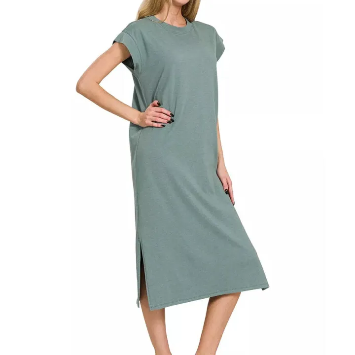 Round Neck Side Slit Midi Dress