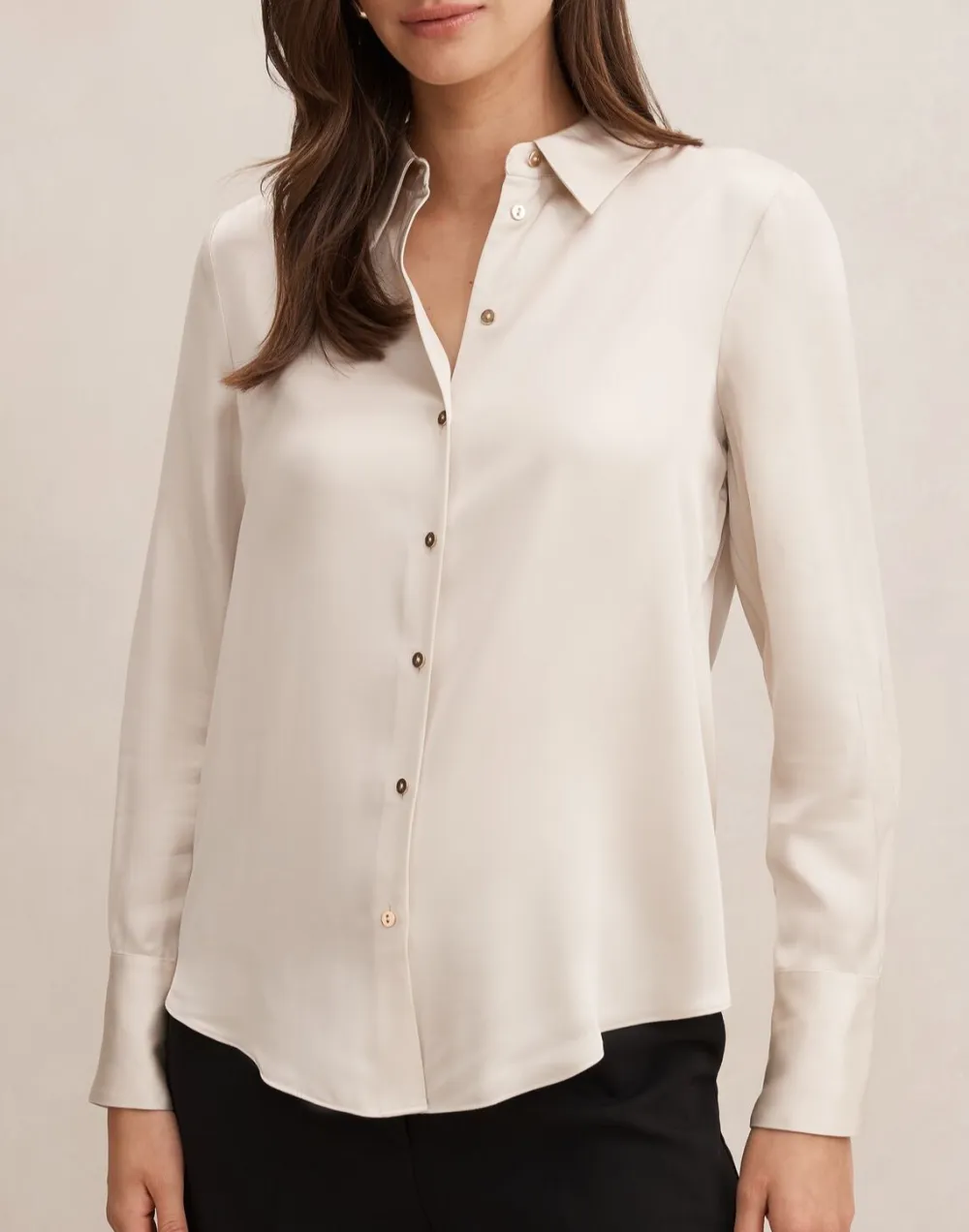 White Satin Long Sleeve Button-Up Shirt