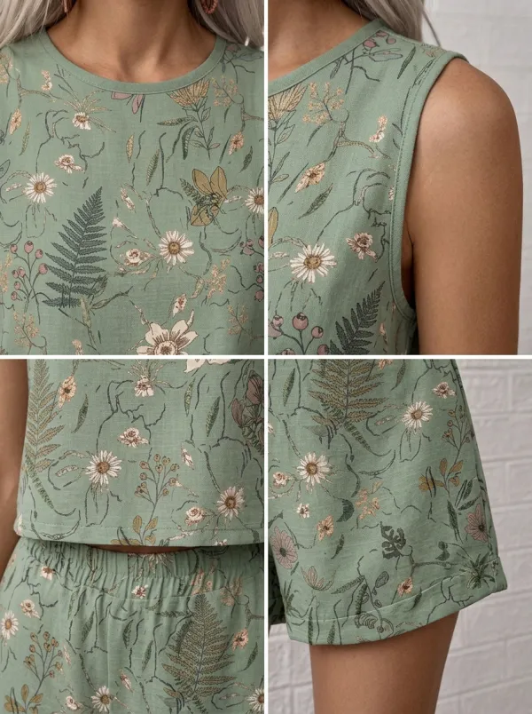 Women's Botanical Garden Floral Fern Printed Sleeveless Set