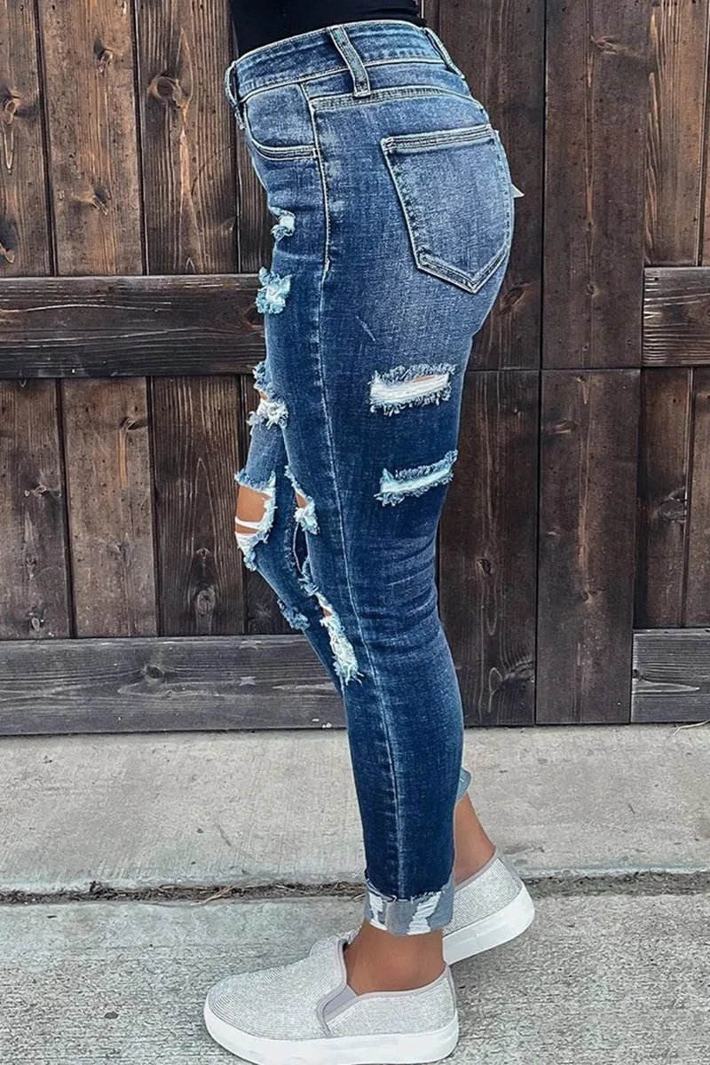 Ladder Ripped Rolled Hem Mid Waist Skinny Jeans