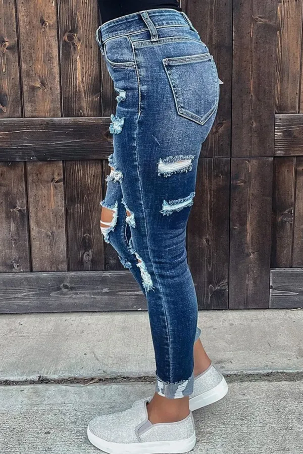 Ladder Ripped Rolled Hem Mid Waist Skinny Jeans