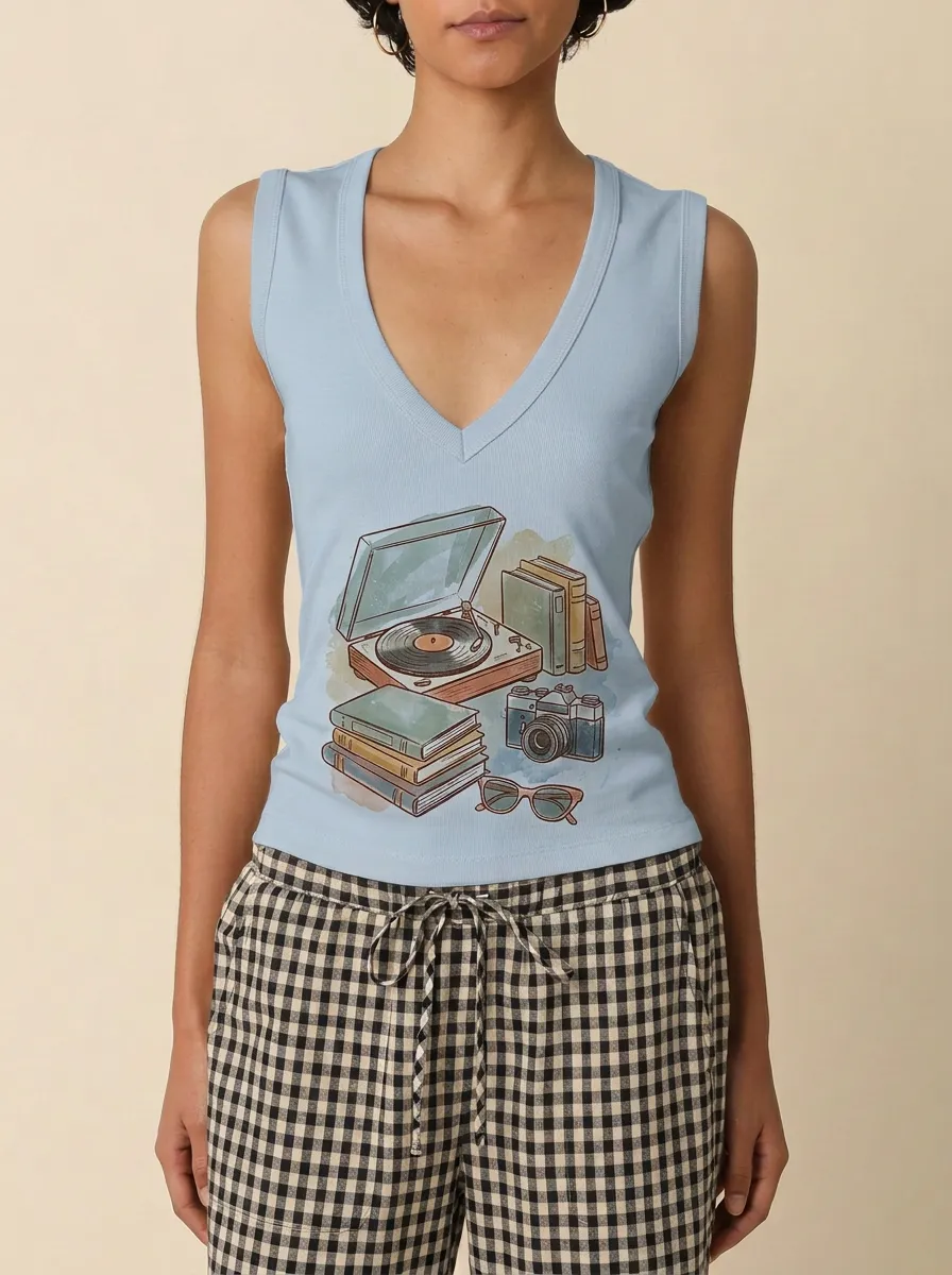 Women's Retro Hobbyist Record Player Books Camera Printed Tank Top