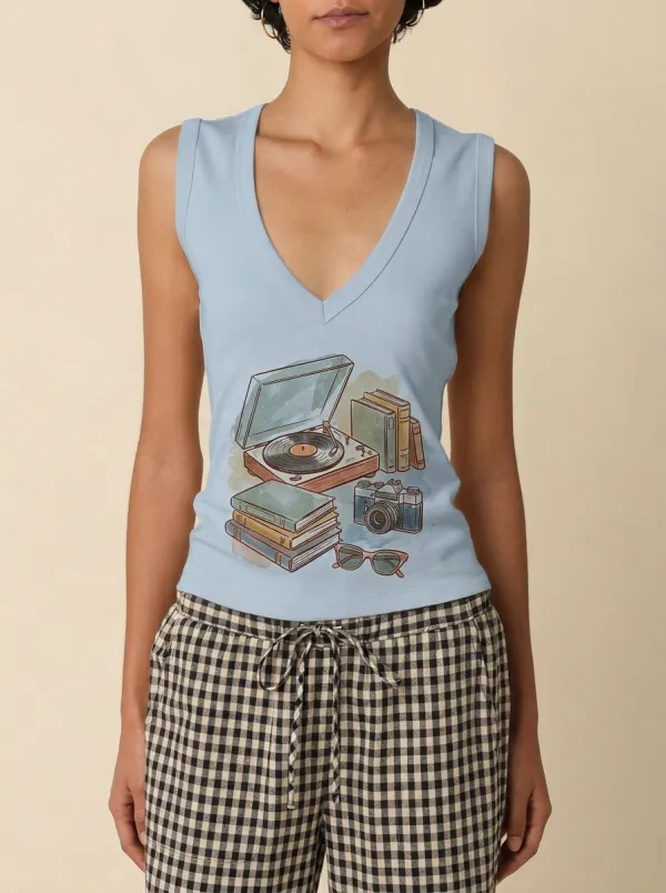 Women's Retro Hobbyist Record Player Books Camera Printed Tank Top