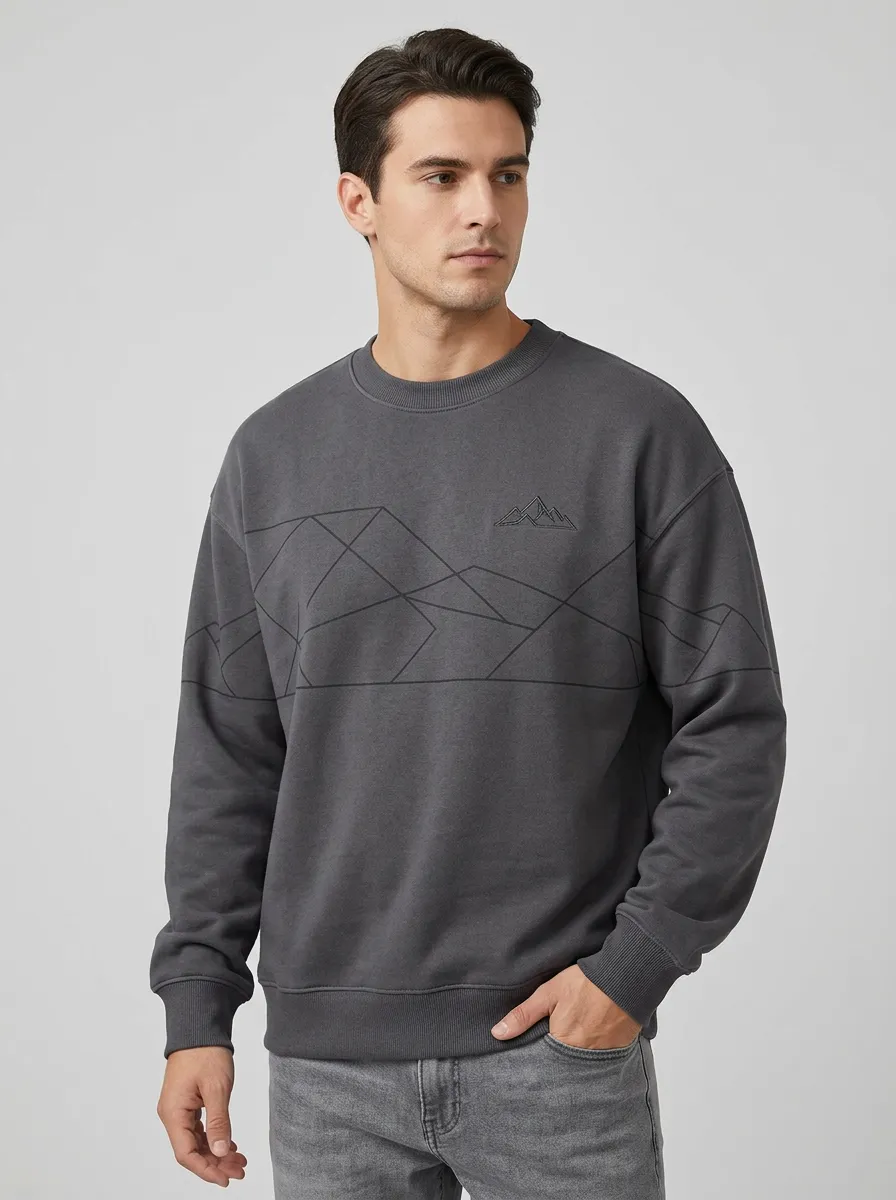 Men's Charcoal Mountain Geometric Line Fleece Sweatshirt