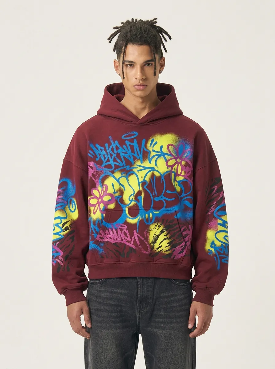 Unisex Streetwear Graffiti Flower Zebra Layered Print Hoodie