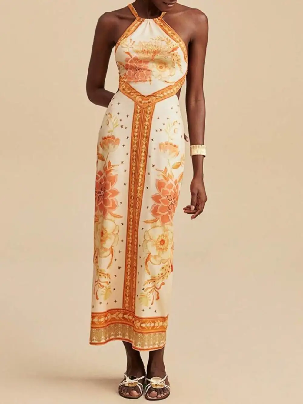 Classic Floral Print Halter Neck Maxi Dress
