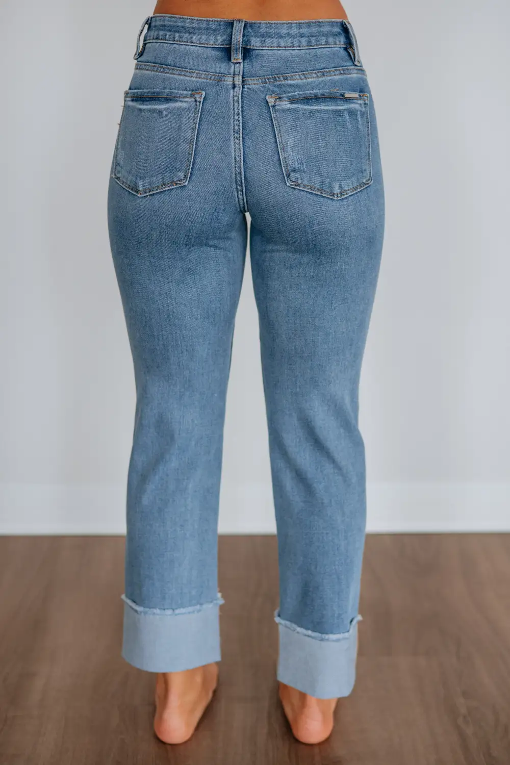 Women's Mid Rise Straight Leg Cuffed Hem Jeans