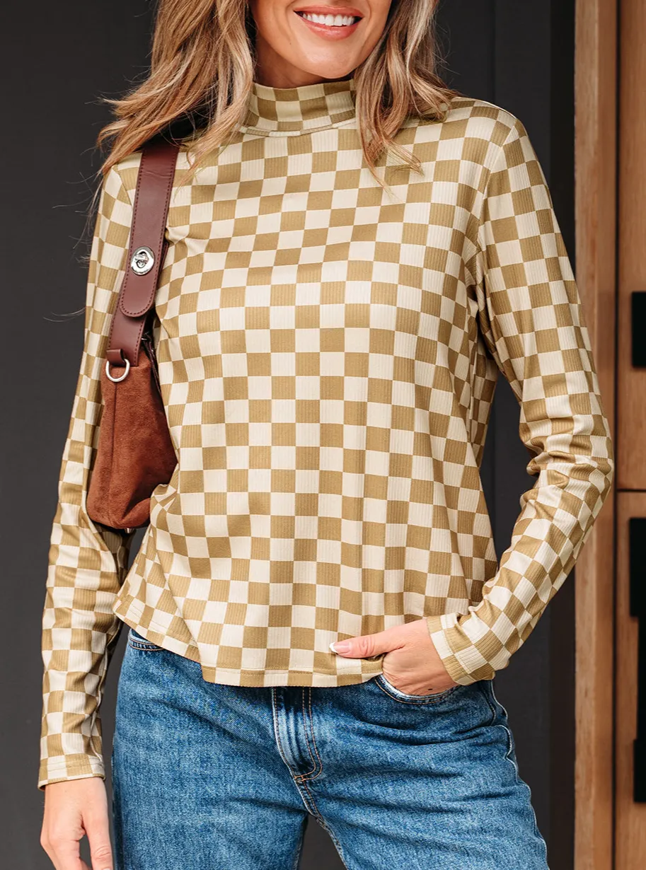 Women's Checkered Ribbed Turtleneck T-Shirt