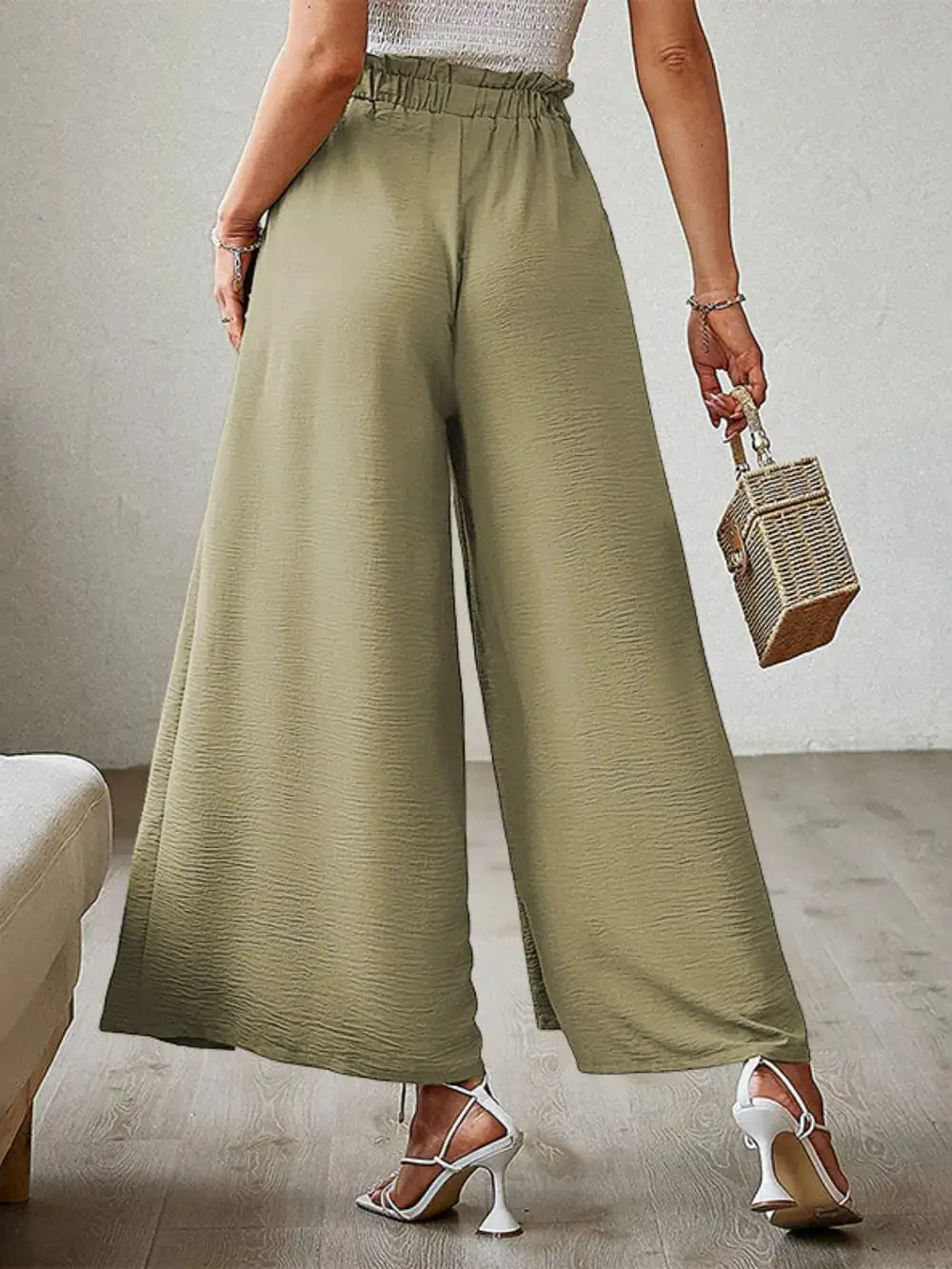 Wide Leg Tie Waist Slit Detail Casual Pants