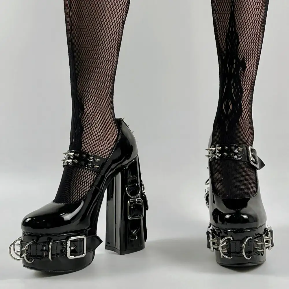 Patent Finish Rivet Round Toe Platform Chunky Heel Pumps