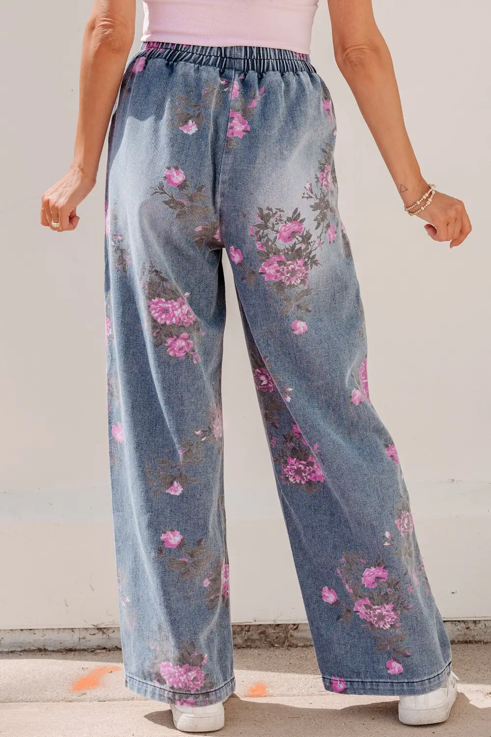 Women's Floral Print Elastic Waist Pull On Casual Jeans