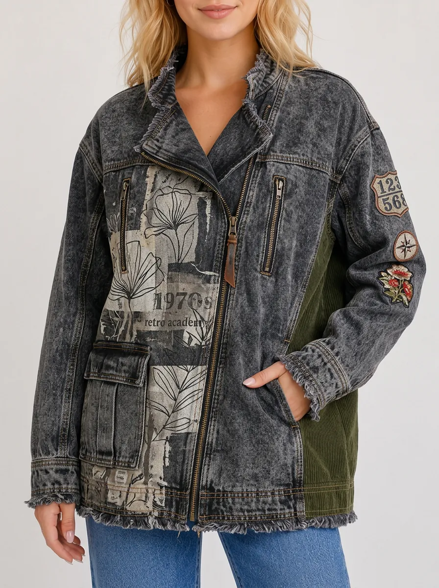 Women's 1970s Retro Academy Floral Patchwork Printed Denim Jacket