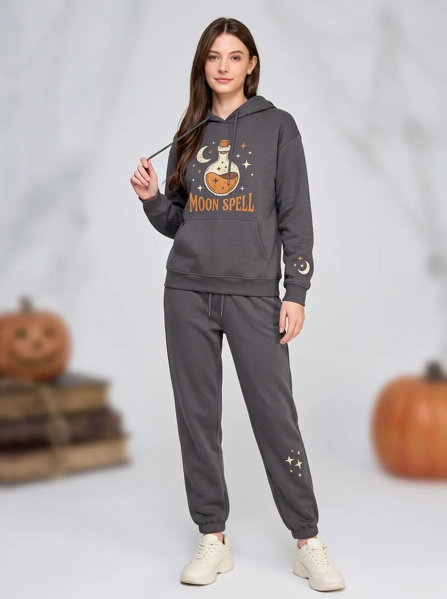 Women's Halloween Moon Spell Potion Printed Jogger Set