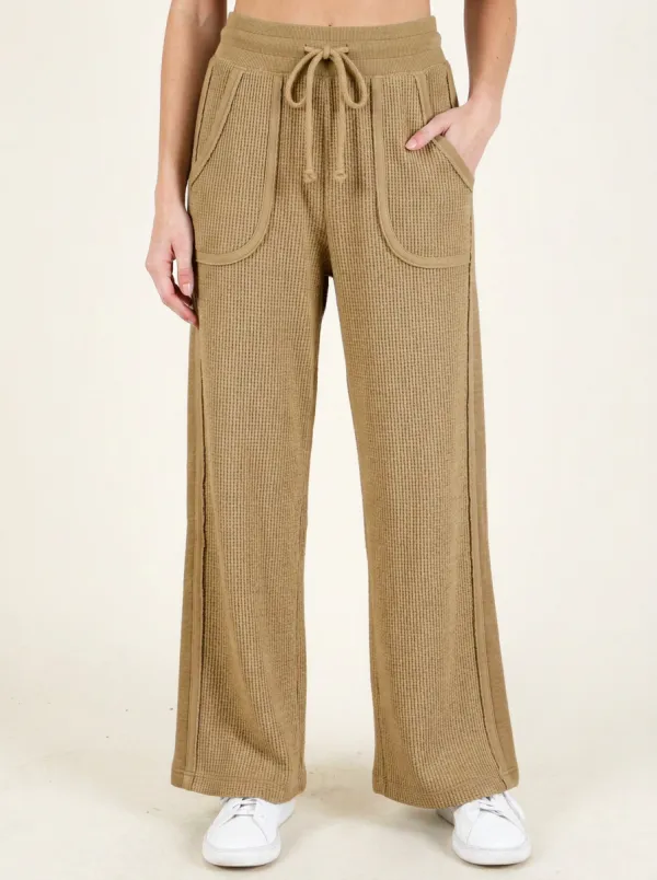 Women's Casual Waffle Knit Drawstring Wide Leg Pants