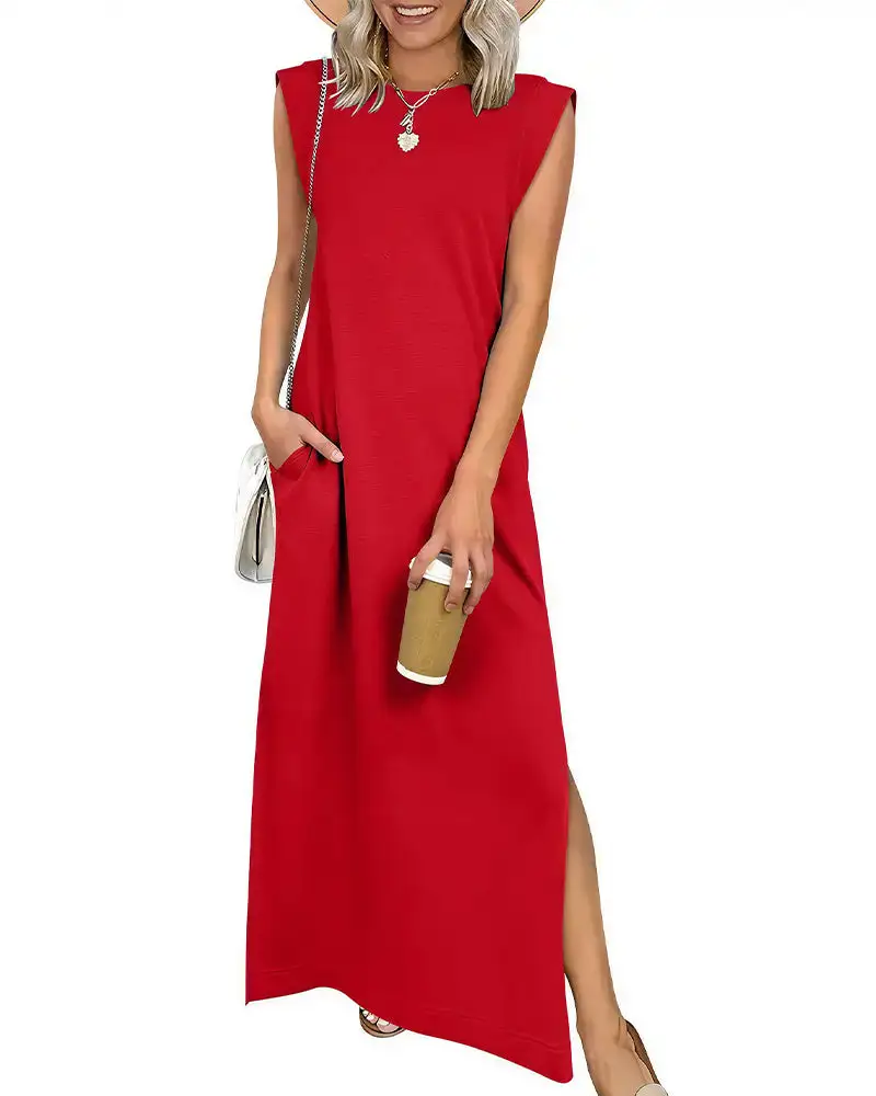 Casual Sleeveless Split Maxi Dress With Pockets