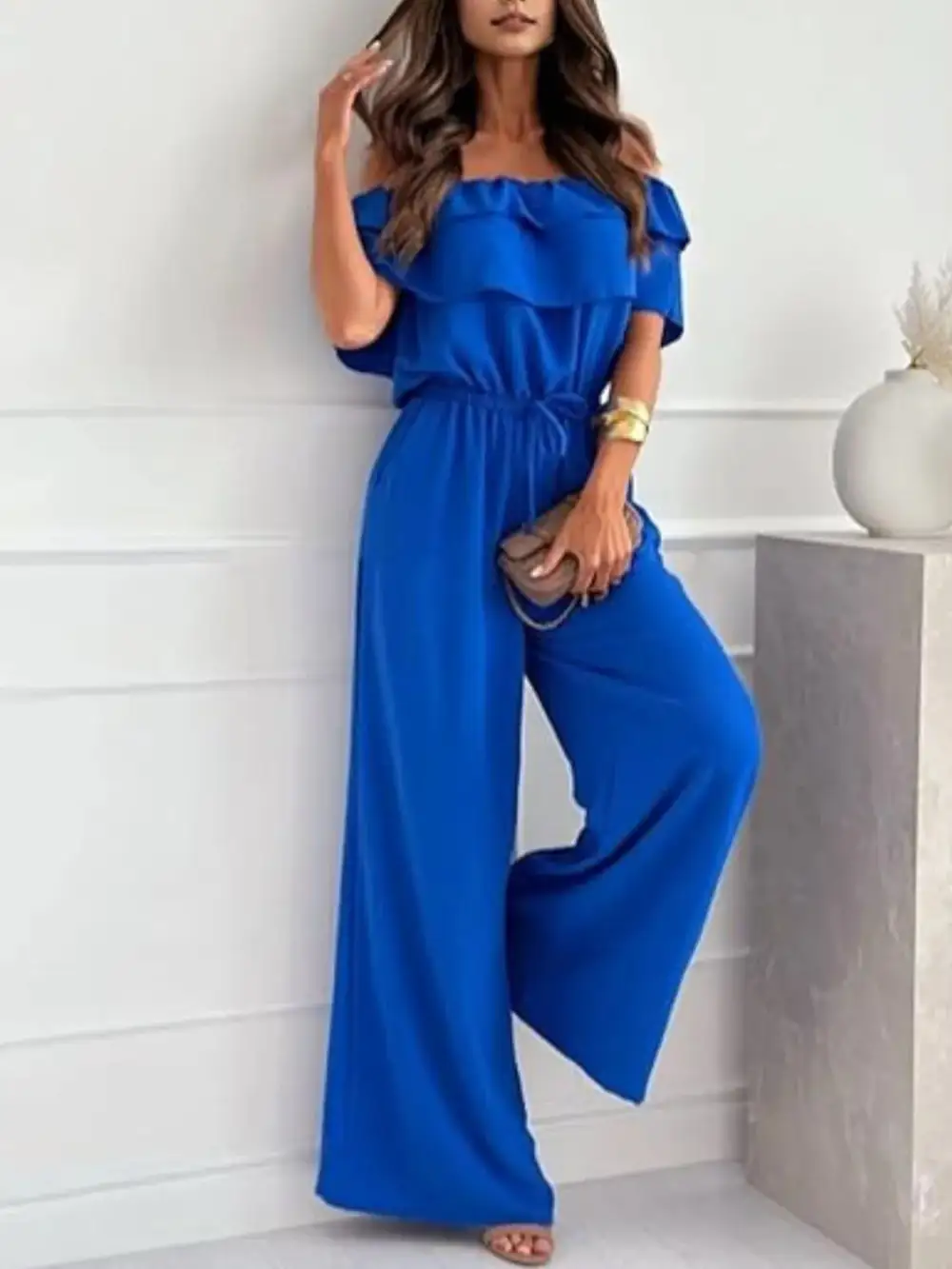 Shoulder Ruffled Wide Leg Jumpsuit