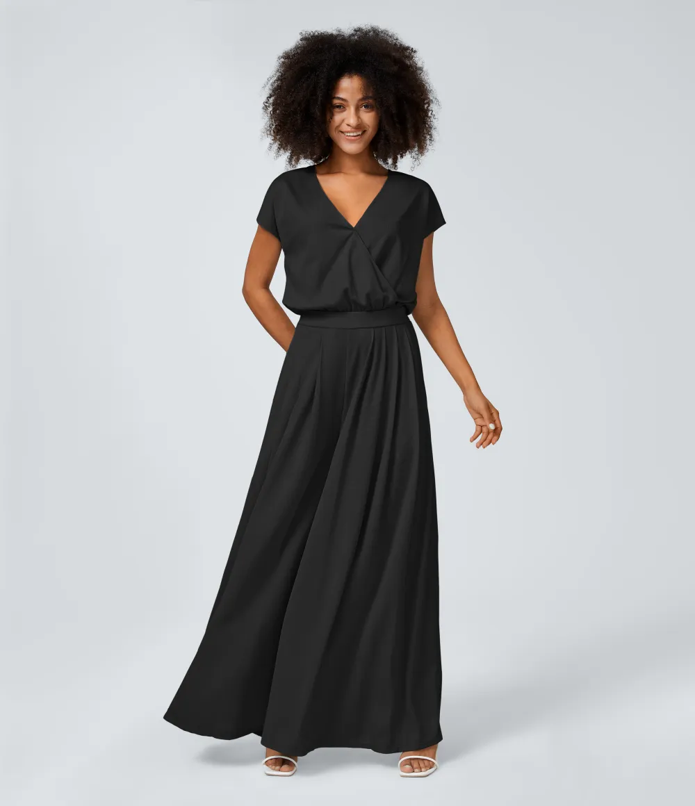 V Neck Short Sleeve Side Pocket Wide Leg Flowy Waffle Casual Jumpsuit