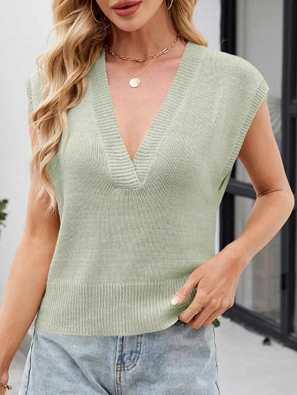 V Neck Knit Tank Top