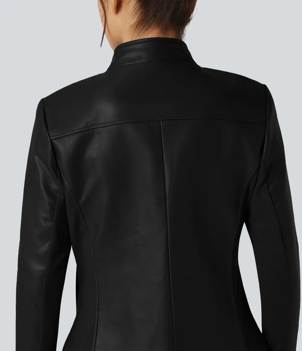 Stand Collar Zipper Long Sleeve Fleece Casual PU Faux Leather Jacket with Pockets