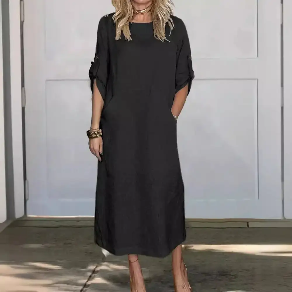  Breezy Loose Fit Pocket Midi Dress