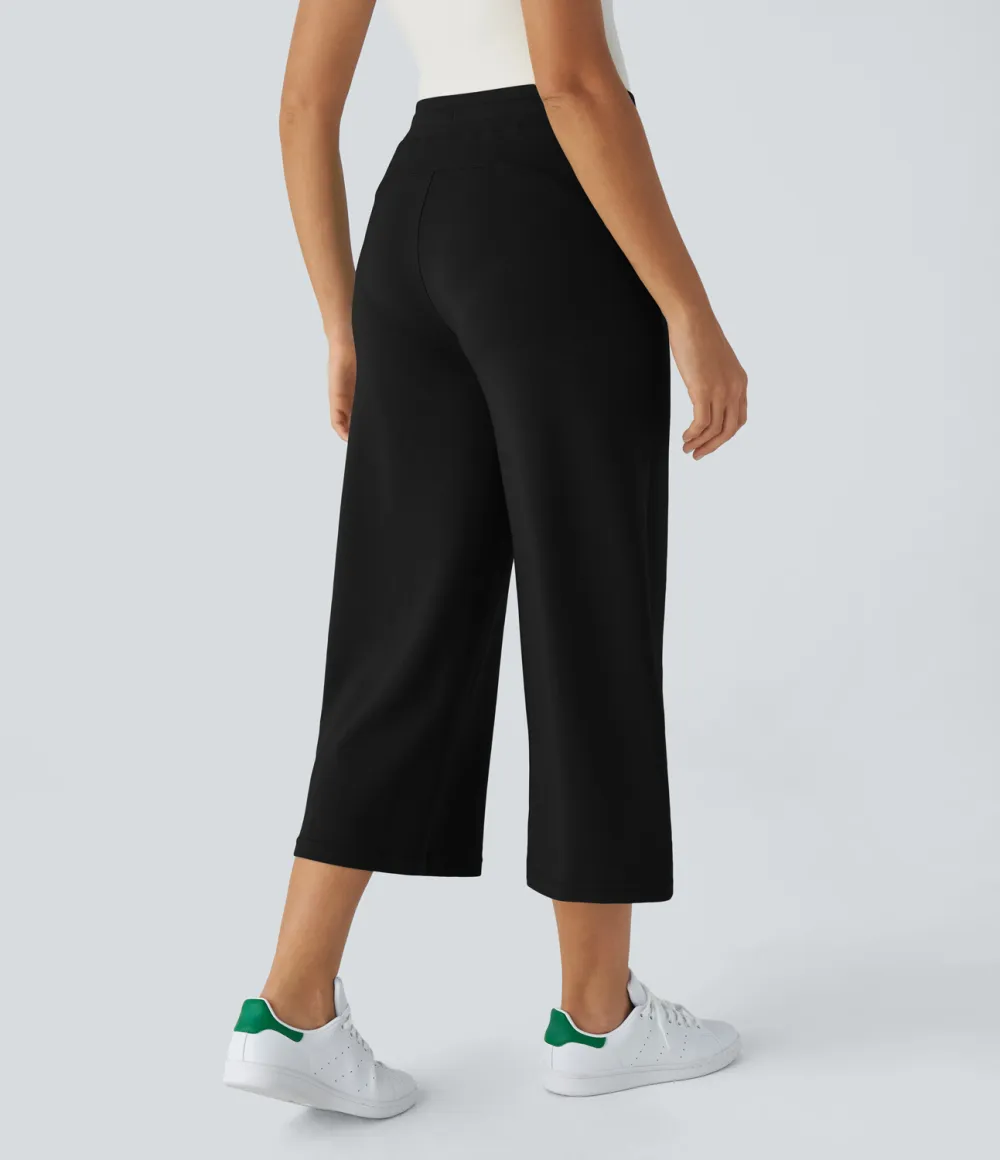 High Waisted Drawstring Capri Work Wide Leg Pants