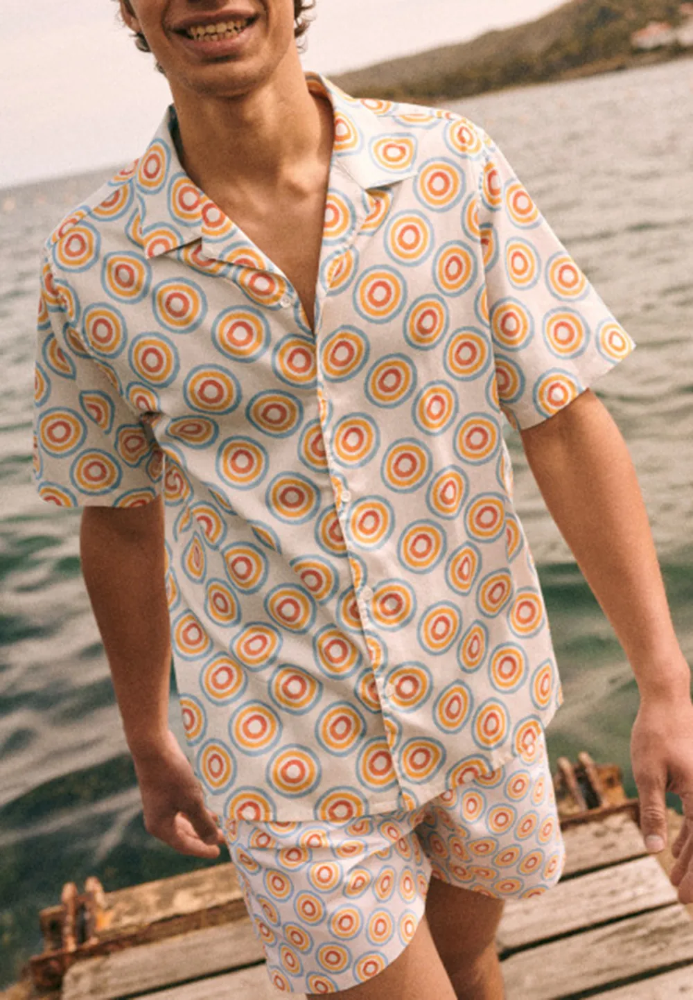 Retro Circle Print Short Sleeve Camp Collar Shirt