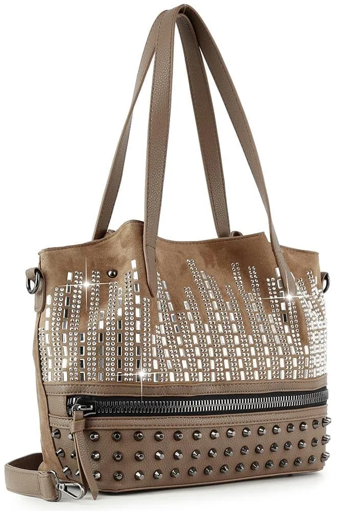 Everyday Detail Studded Crystal Accent Pocketed Faux Leather Tote Bag