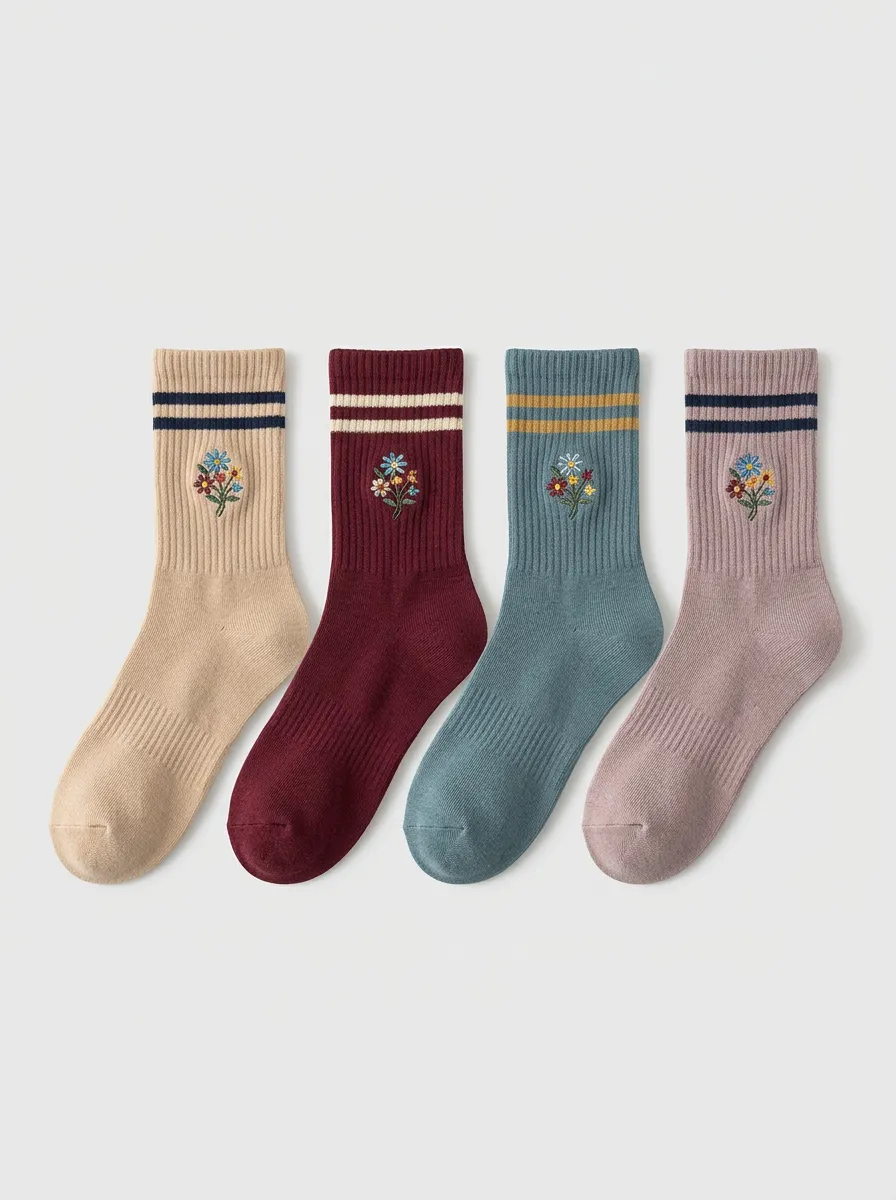 Women's Vintage Floral Embroidered Striped Crew Socks