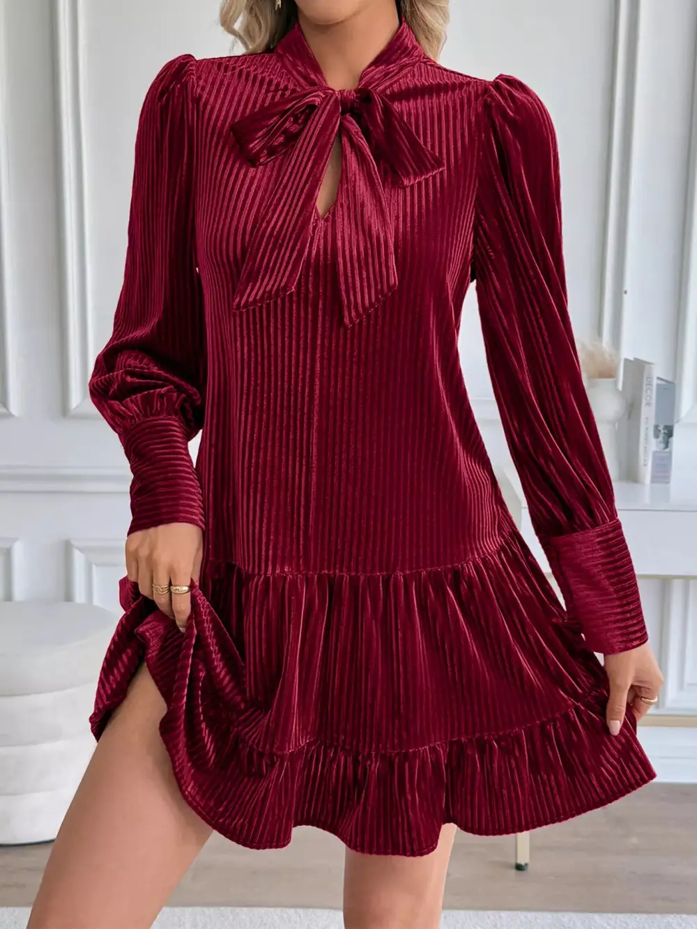 Gathered Detail Velvet Tiered Mini Dress