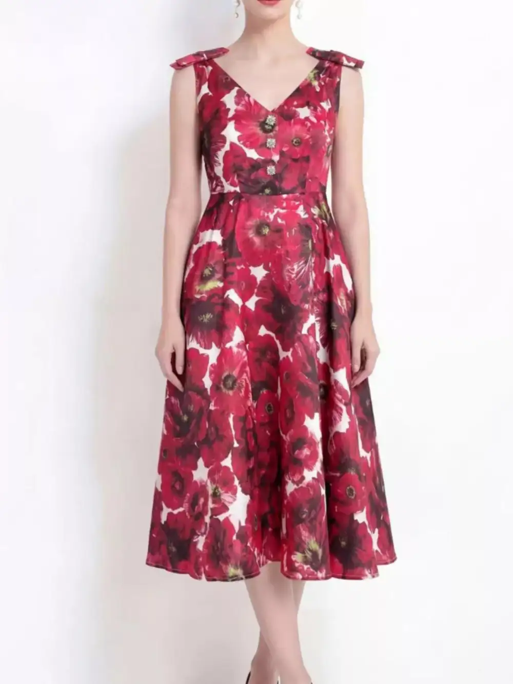 Neck V-Neck Sleeveless Midi Dress