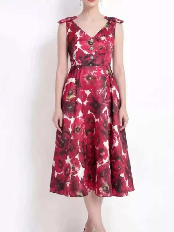 Neck V-Neck Sleeveless Midi Dress