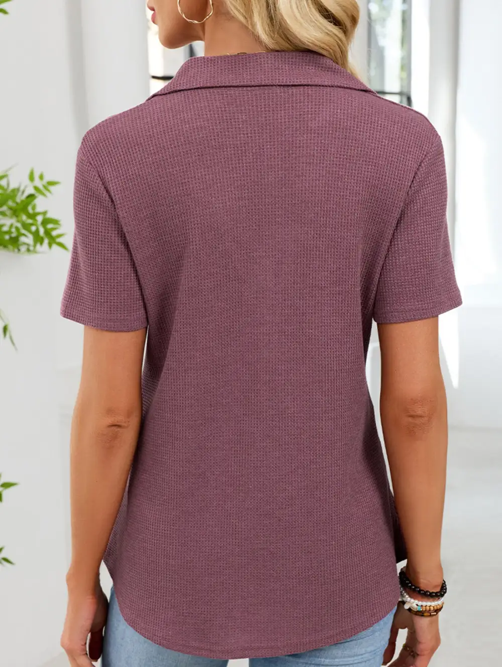 Lapel Waffle Knit Short Sleeve Top