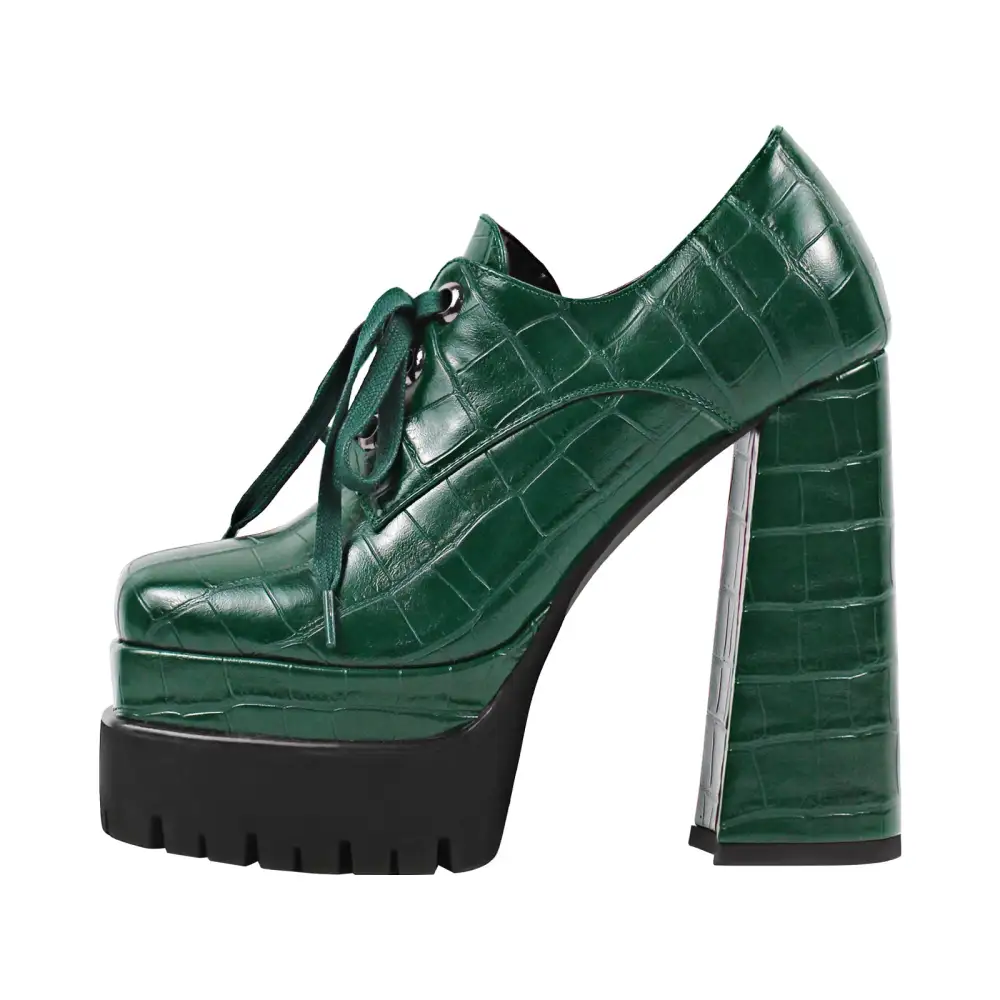 Lace Detail Square Toe Double Platform Chunky Heel Lace Up Pumps