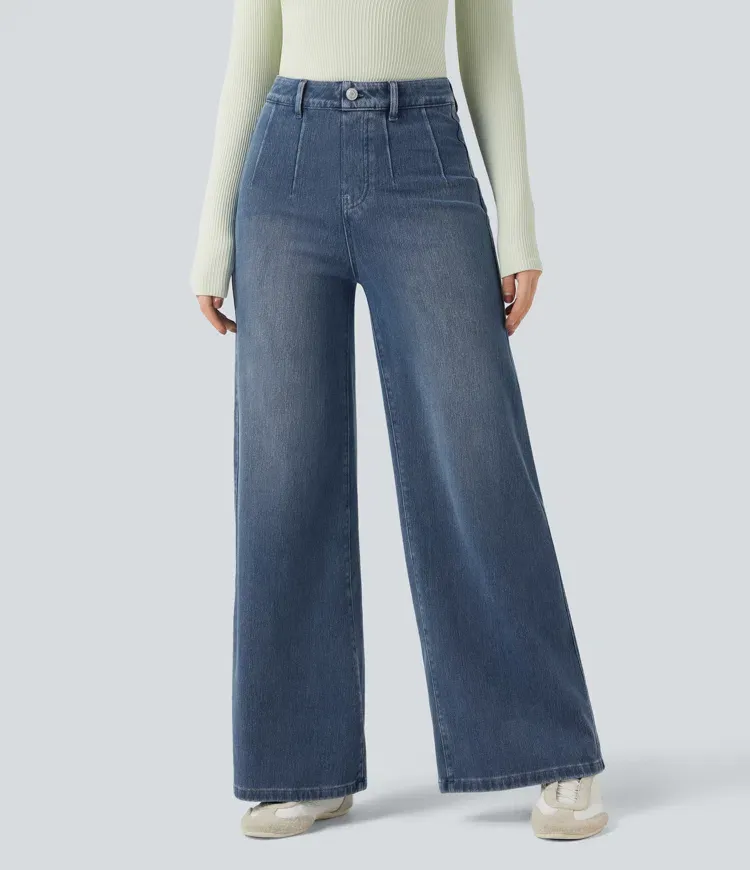 2026🔥  High Waisted Tummy Control Wide Leg Casual Jeans with Pockets