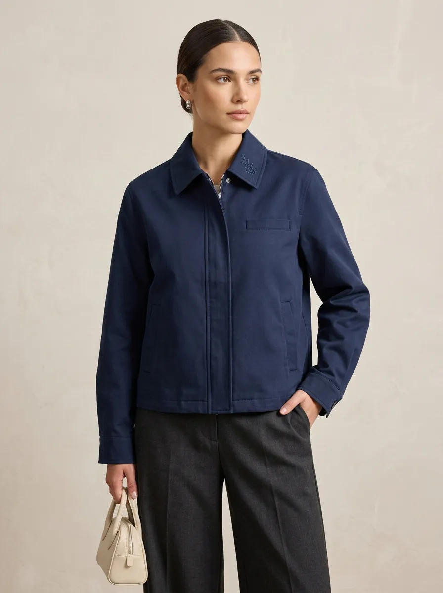 Women's Minimalist Leaf Embroidered Navy Jacket