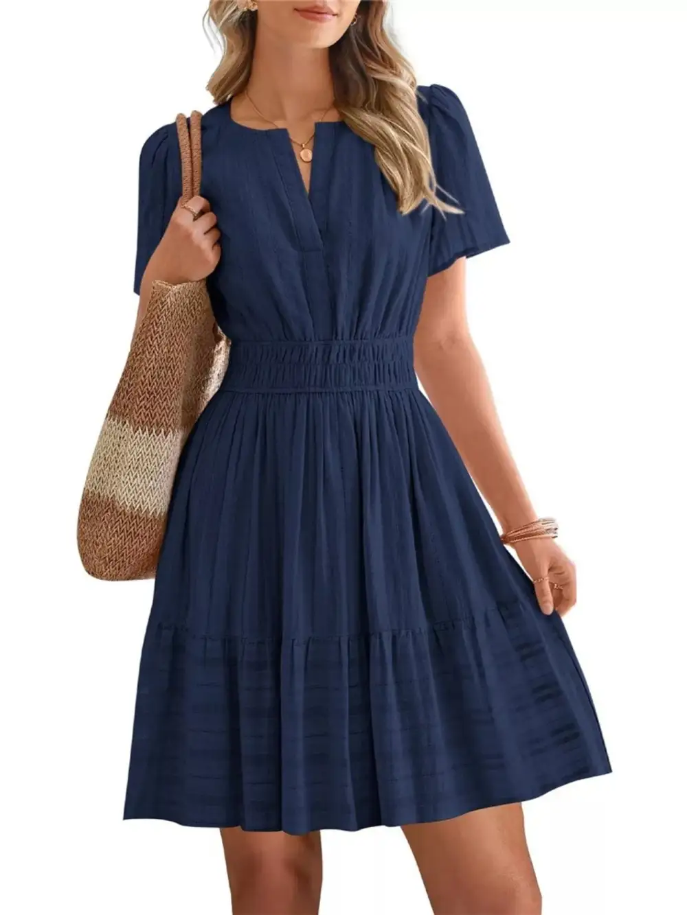 Tiered Smocked Short Sleeve Casual Dress