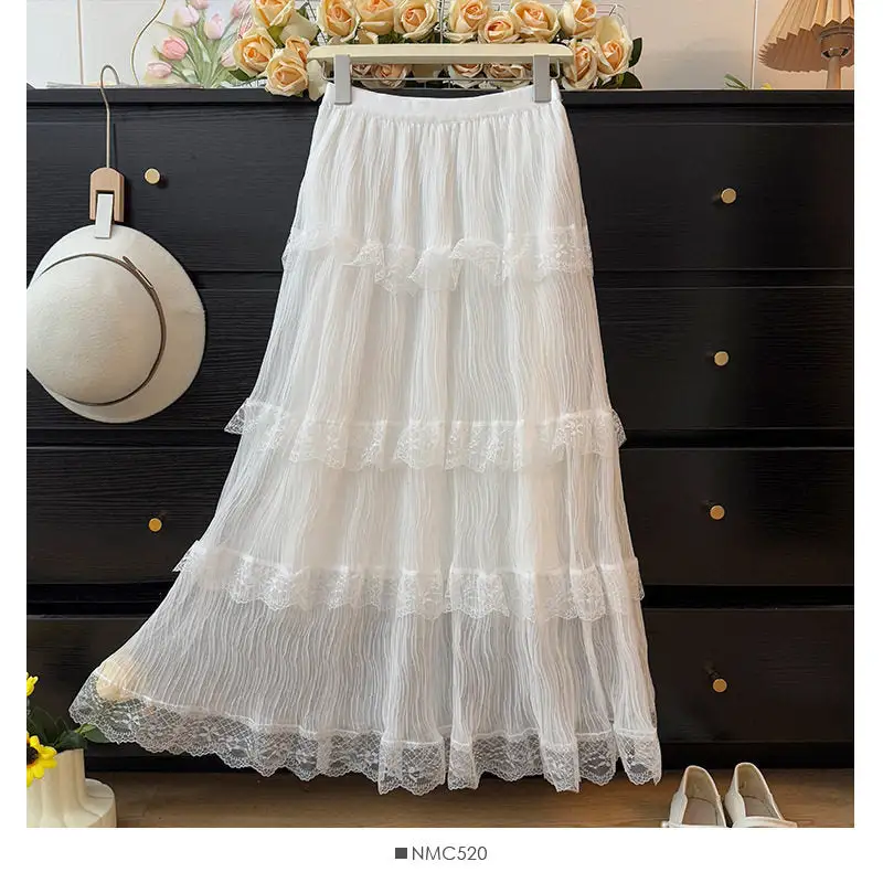 Flowing Textured Lace Insert Midi Skirt
