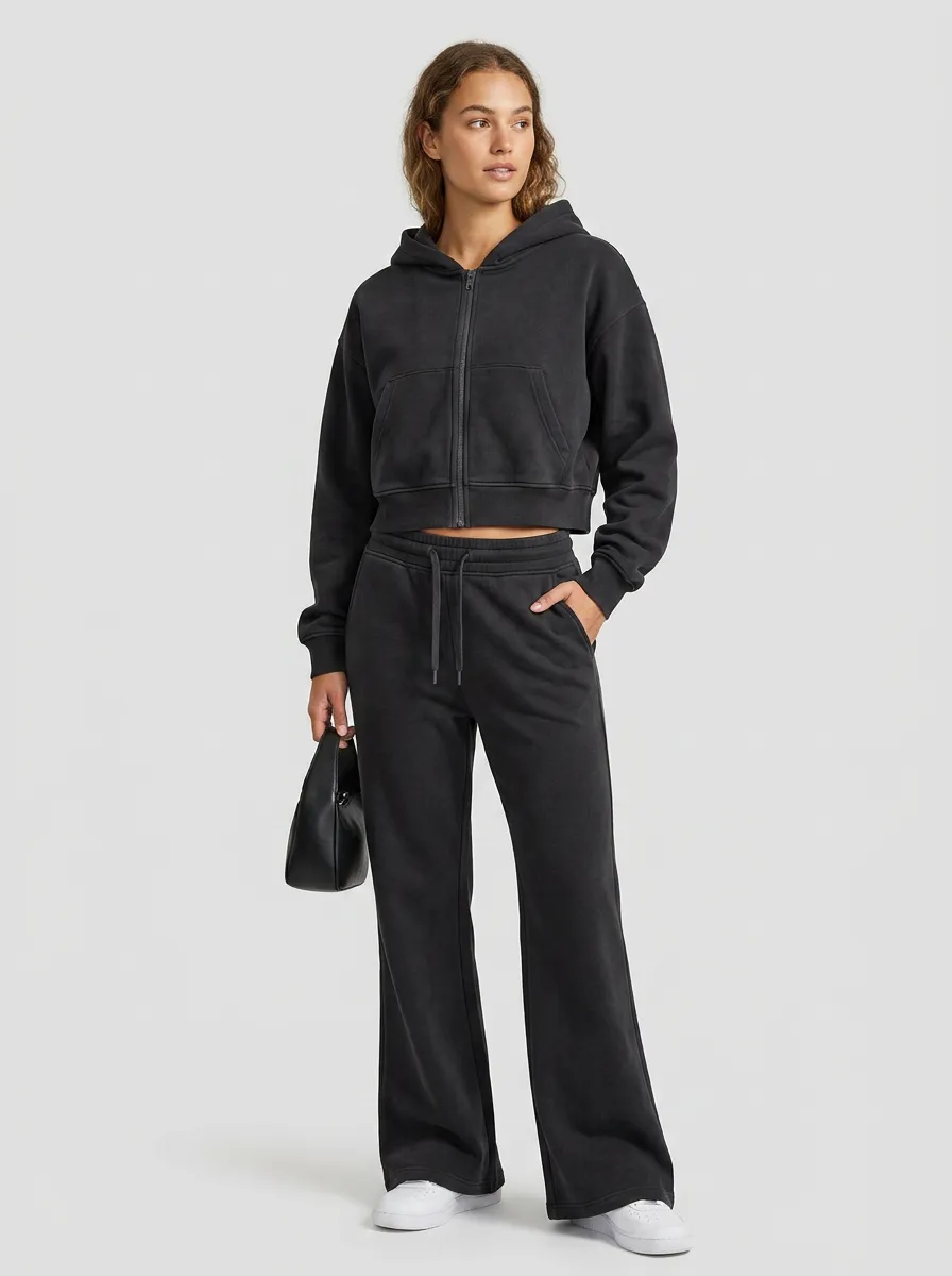 Women's Graphic Sport Inspired Cropped Hooded Jacket and Flare Pants Active Set
