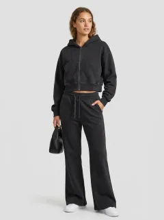 Women's Graphic Sport Inspired Cropped Hooded Jacket and Flare Pants Active Set