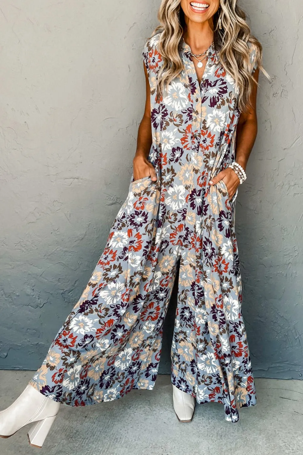 Bohemian Wide Leg Floral Print Jumpsuit