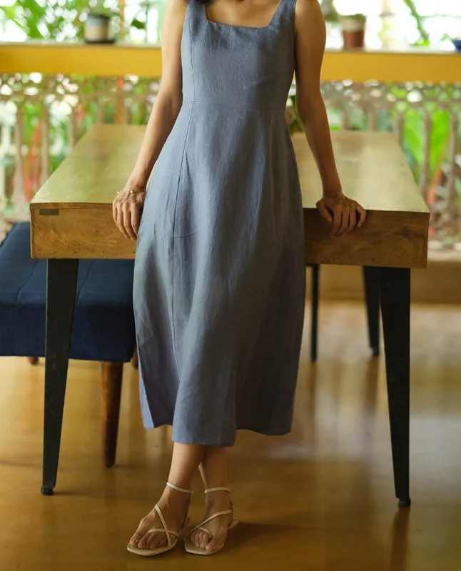 Wildflower Blue Linen Square-Neck Midi Dress