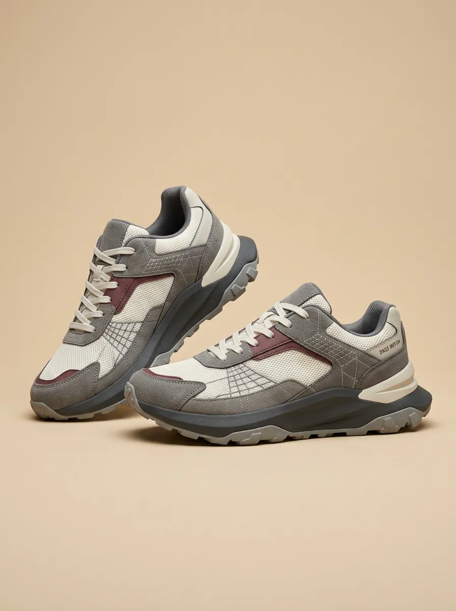 Trail-Inspired Suede-Panel Mesh-Panel Patchwork Casual Sneakers